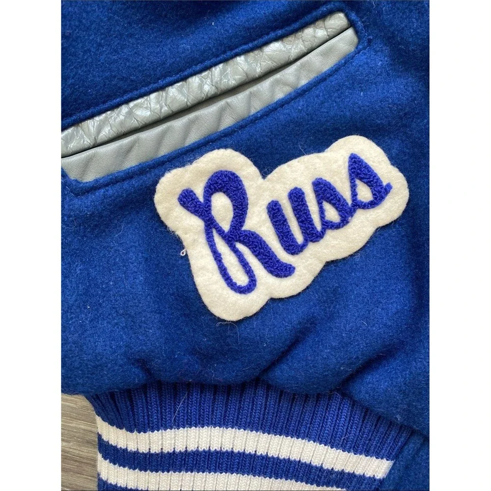 Vintage 80’ DeLONG Mens Varsity Letterman Jacket Wool Leather 46 L/XL Blue Grey